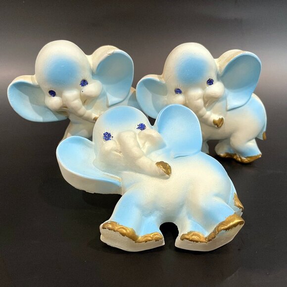 Favor Inc. Chalkware Elephants Wall Hanging Plaques Set of 3 Blue Gold Vintage - Picture 1 of 7